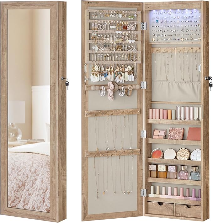 SONGMICS 6 LEDs Mirror Jewelry Cabinet, 47.2-Inch Tall Lockable Wall or Door Mounted Jewelry Armoire Organizer with Mirror, 2 Drawers, 3.9 x 14.6 x 47.2 Inches, Toasted Oak Color UJJC093N01
