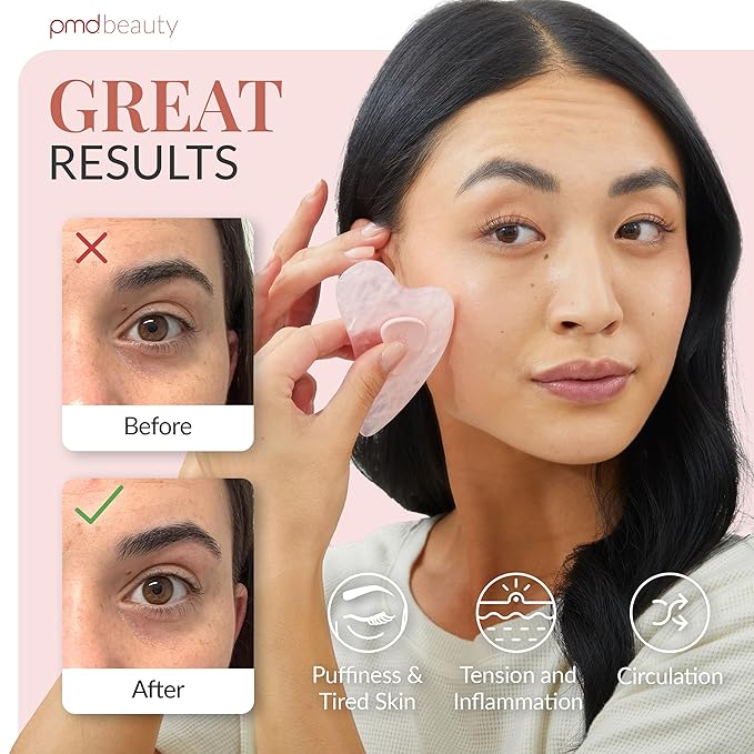 PMD Beauty Gua Sha Facial Tools - Massaging, Sculpting and Depuffing Guasha Tool for Face with Rose Quartz and Silicone Grip - Reduce Tension & Inflammation