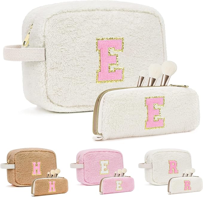 for Valentines Day Gifts, Travel Makeup Bag for Women, Initial Make Up Bag Set for 6 7 8 9 10 11 12 13 Years Old Kids Tween Girls, Large Cosmetic Skincare Bags for Birthday Gifts, White E