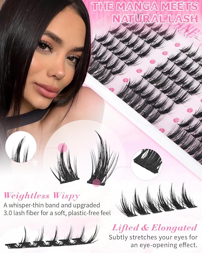 Wtvane Lash Clusters Manga Eyelash Clusters Wispy Lash Clusters with Spikes 10-16mm Natural Cluster Eyelashes Extensions Anime False Eyelashes with Thin Band Fairy Lashes Cluster DIY Lash Extensions
