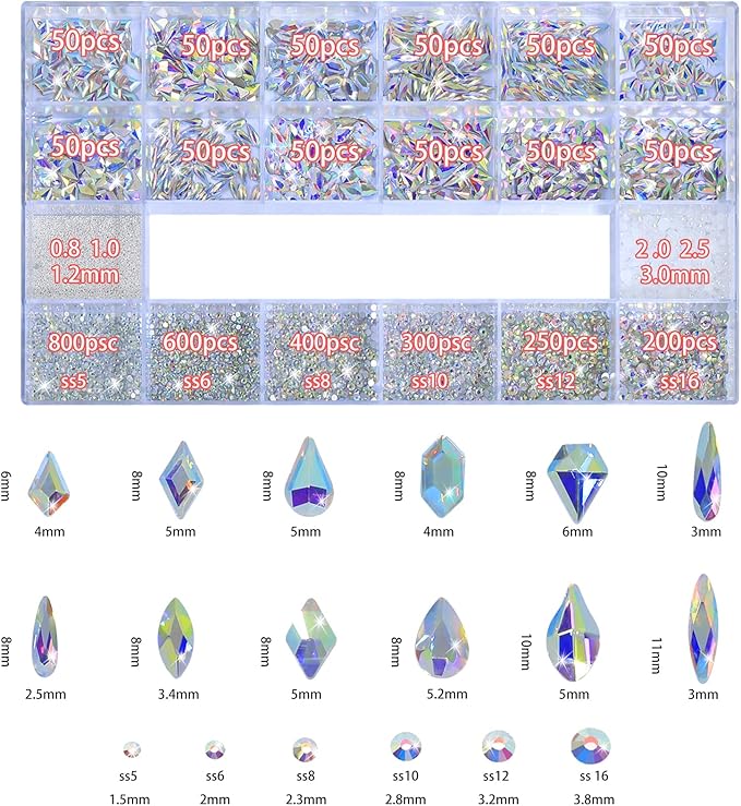 Nail Art Rhinestones - 12 Types of 600 Crystal AB Diamonds, 3D Flatback DIY Pearls, Gems, Beads, Flat Back Stones Set, with Kit, for Nail Art Decor