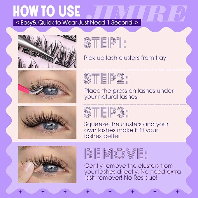 JIMIRE Self Adhesive Eyelashes Manga Lash Clusters Natural Look 11-13MM Wispy Pre Glued Lashes Clusters No Glue Needed Press on Lashes Reusable Invisible Band Fluffy Cluster Eyelash Extensions