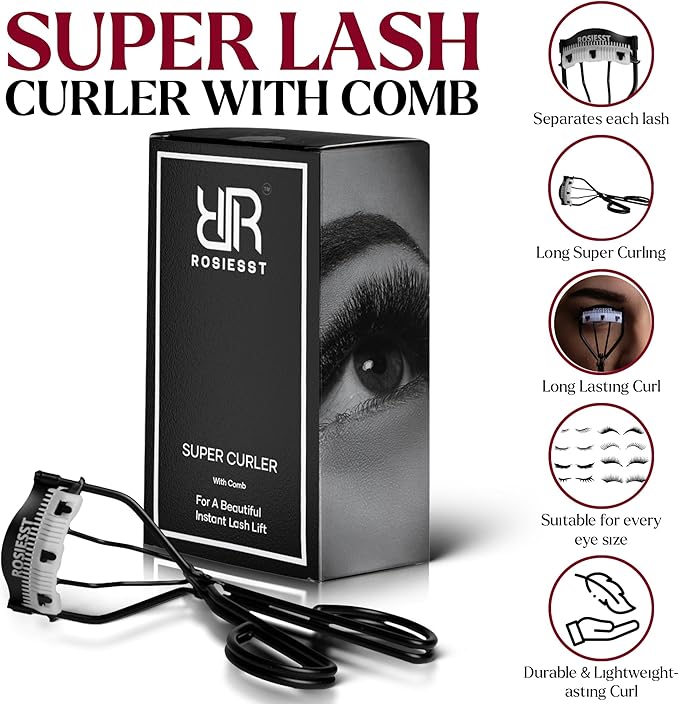 Rosiesst Super Eye Lash Curler with Built-in Comb, Creates Long Lasting Curl, Premium Quailty, Dual Function, Lightweight Durable Design, Beautiful Eye-Opening Curler