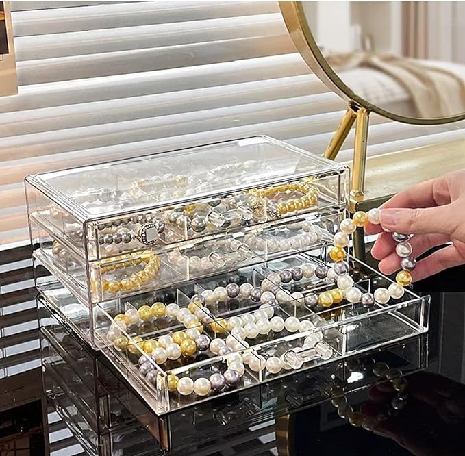 Feadily 1PCS Acrylic Jewelry Organizer Box, Jewelry Drawer Organizer With 3 Drawers 18 Grids, Bracelet Earring Holder Organizer, Clear