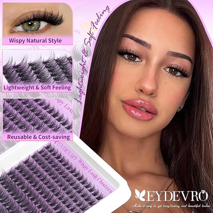 EYDEVRO Wispy Lash Clusters Kit Natural Eyelash Clusters kit DIY Lash Extension Kit 9-18mm CD Curl Cluster Eyelash Extensions with Waterproof Lash Bond and Seal, Lash Remover, Tweezers, Brush