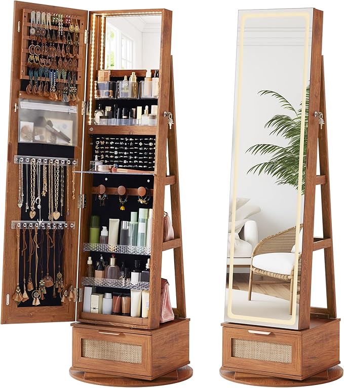Rattan 360° Swivel Jewelry Armoire Cabinet Standing with Full Length Mirror, Lockable Jewelry Organizers and Drawer Storage with 3 Color LED Lights & Interior Mirror Rear Storage Shelves