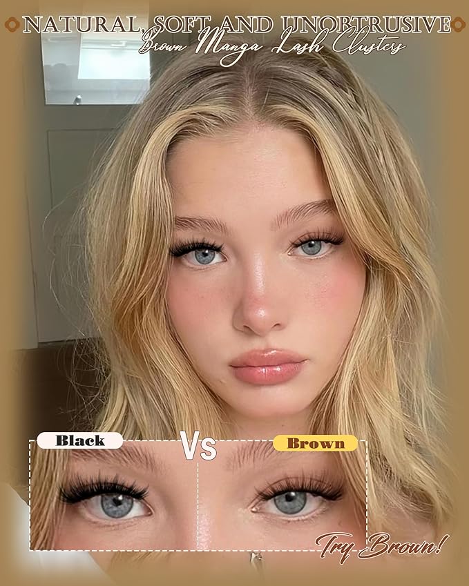 Pleell Brown Lash Clusters Fluff Manga Eyelash Clusters Natural Volume Cluster Eyelashes Extensions D-Curly 12-18MM Cluster Lashes Wispy False Lashes Clusters