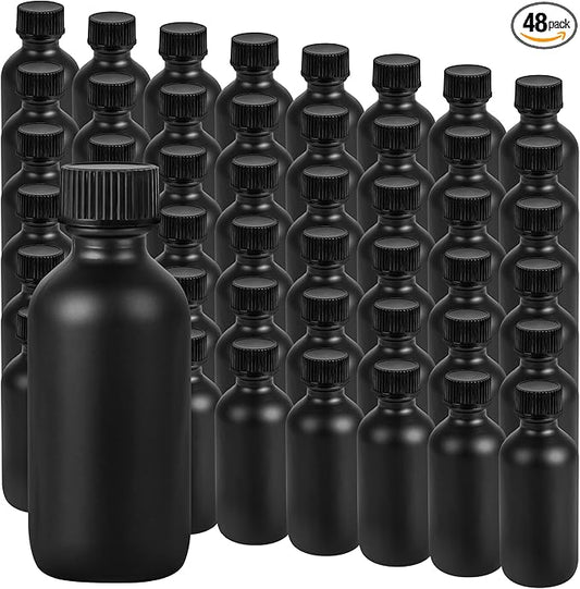 Exlvanto Small Glass Bottles with Lids Boston Round Shot Bottles for Health, Immunity, Ginger Juice, Essential Oils, Potion - Leak Proof Mini Travel Containers (Black Frosted, 2oz-48Pack)