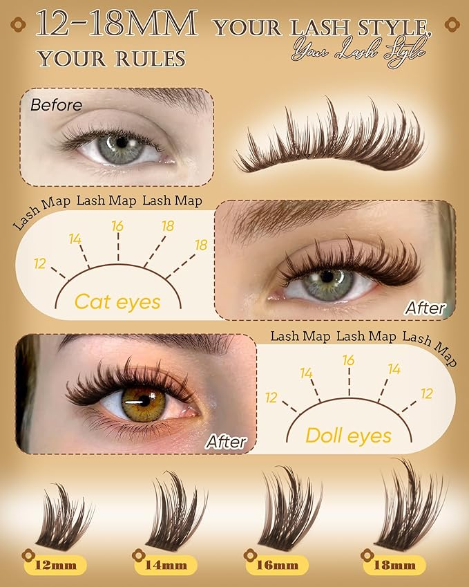 Pleell Brown Lash Clusters With Spikes Natural Manga Eyelash Clusters Wispy Fluttery Cluster Eyelashes Extensions Thin & Invisible Band Cluster Lashes D-Curly 12-18mm Individual Lashes