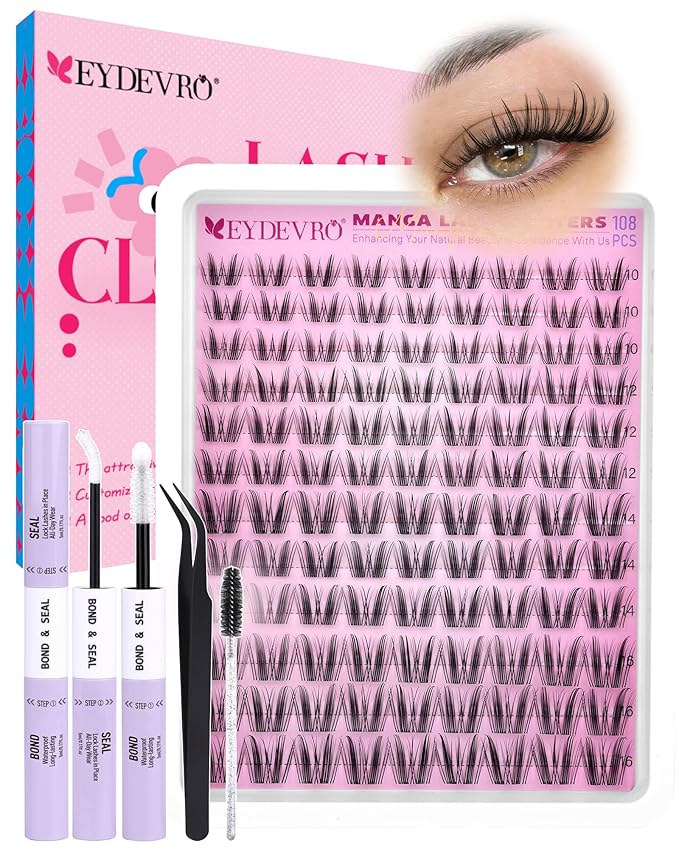EYDEVRO Manga Lash Clusters Kit Natural Fairy Eyelash Clusters Kit Anime Cluster Eyelash Extensions Kit 10-16mm Spiky Wispy DIY Lash Extension Kit Waterproof Lash Bond and Seal Tweezers Brush