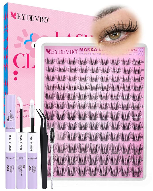 EYDEVRO Manga Lash Clusters Kit Natural Fairy Eyelash Clusters Kit Anime Cluster Eyelash Extensions Kit 10-16mm Spiky Wispy DIY Lash Extension Kit Waterproof Lash Bond and Seal Tweezers Brush