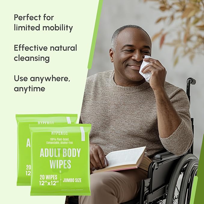 HyperGo XL Body Wipes for Women & Men – 12" x12" Rinse-Free Full Body Cleansing Wipes 2-20 Count Packs - Cucumber | Biodegradable, Hypoallergenic, Aloe-Infused | Gym, Festival, Camping Essentials