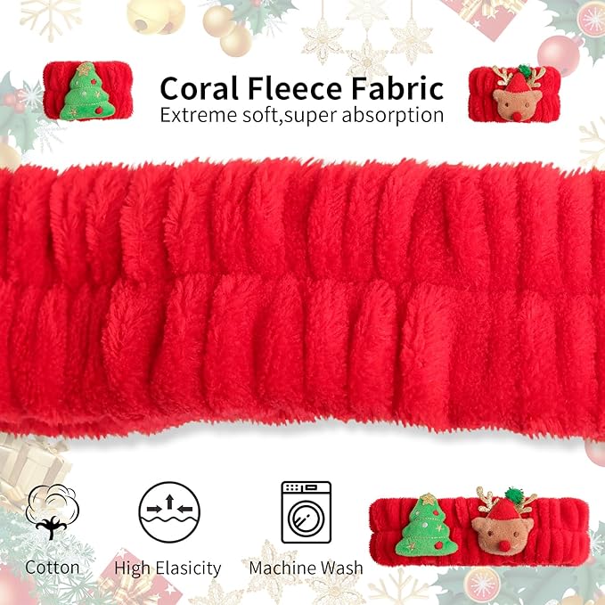 PERFECTSIGHT 2 Pack Cute Animal Headbands for Makeup Wash Shower Adjustable Elastic Hair Band for Girls and Women (Red Christmas)