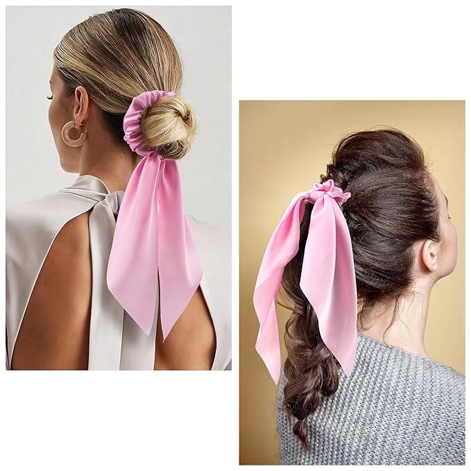 YALOJE 2PCS Scarf Scrunchies with Long Tails, Elastic Silky Satin Bow Hair Ties for Women, Ribbon Hair Scarf Scrunchy, Ponytail Holders Hairstyling Decoration for Women -Pink