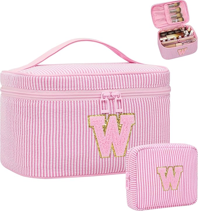 MONSTINA Personalized Initial Makeup Bag for Women,Make Up Case for Girlfriend Bridesmaid Wife,Maid Matron of Honor Gift, Bride to be Gifts,Bachelorette Party Favors,Birthday Gift for Her Pink W