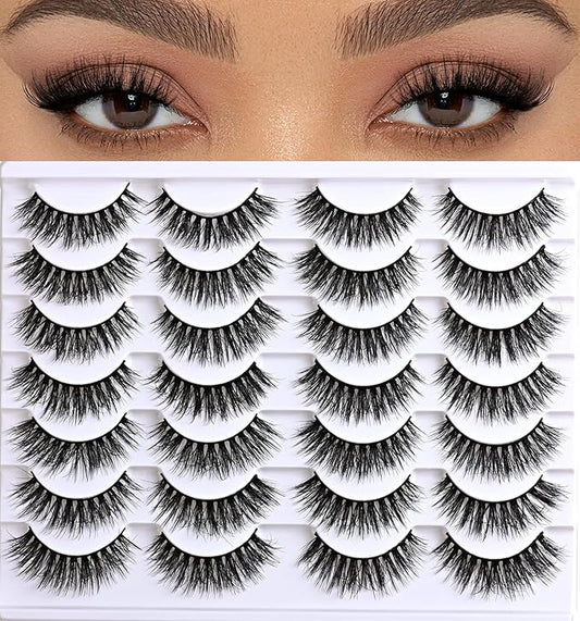 Lashes False Eyelashes Natural Lashes Wispy 14 Pairs Fake Eyelash Reusable Lash Strips Fluffy Eye Lashes Pack Short Mink Strip Lashes Natural Look Wispies Cateye Lashes for Women