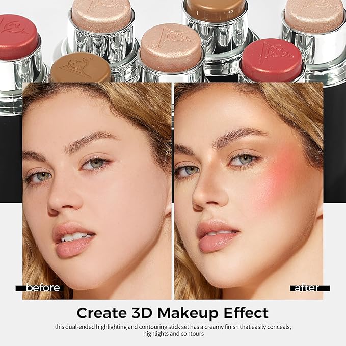 Anglicolor Highlighter Long Lasting, Contour Stick Makeup Naturally, Blush Makeup Smoothing, High Color Rendering, Easy To Mix, Vegan & Cruelty-Fre (Contour Stick+Highlighter)