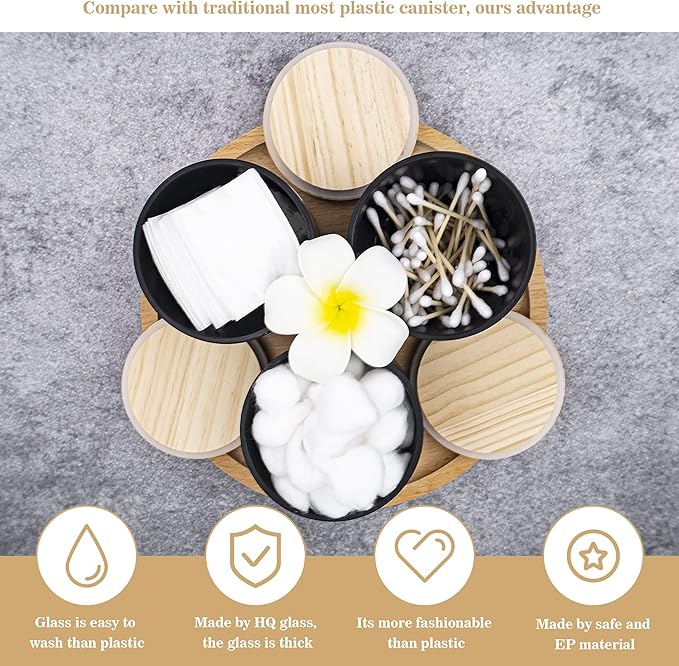 Ezebesta 3PCS Modern 13.53oz Black Bathroom Canisters with 12 Labels & Wooden Lid Thick Glass Jar Set Qtip Holder for Cotton Ball & Pads Storage Organization Minimalist Decor