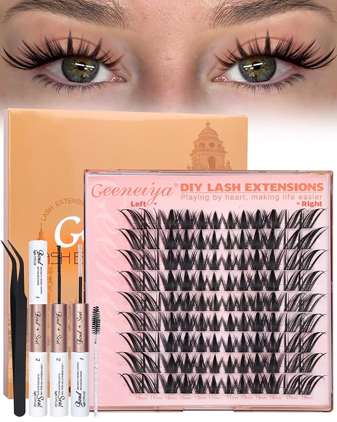 Geeneiya Manga Lash Clusters Kit, 11-19mm Fox Eye Lash Extension Kit, C Curl Left & Right Cat Eye Lashes, DIY Cluster Eyelash Extension Kit with Lash Bond and Seal Lash Tweezers for Beginners