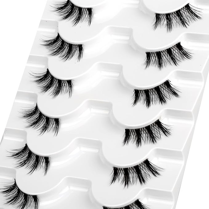 Natural Half Lashes Strips for Nude Makeup Spiky Short Doe-Eye Asian Eyelash Falsies 8 Pairs 3/4 Band Wispy Small Accent Lashes Fairy Wispies Cat Eye Clusters Faux Mink Extensions Fake Eyelashes