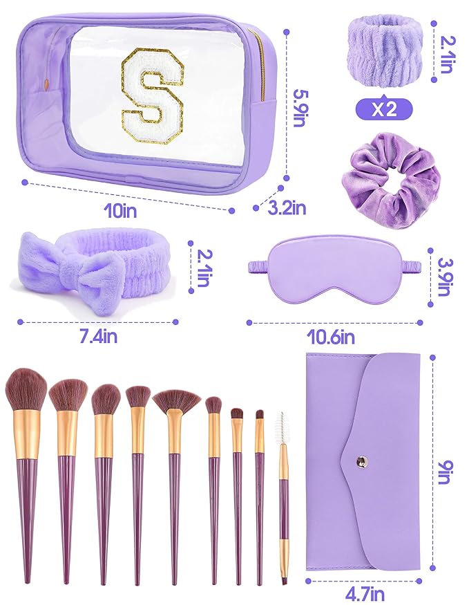Gift Sets for Women, Initial Makeup Bag with Makeup Brush Set Bachelorette Party Favors, Purple Spa Kit with Skincare Headbands Wrist Bands Sleepover Party Supplies Gifts for Teen Girls Bridesmaid S