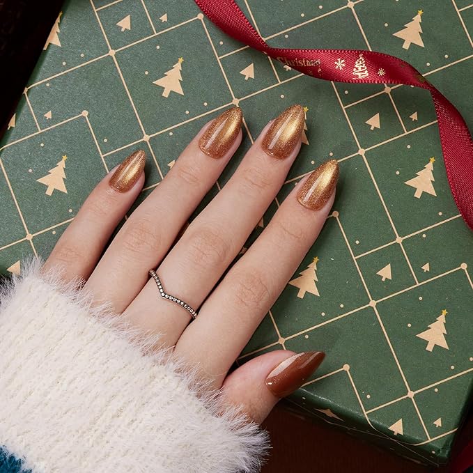 VSALON Press On Nails Short Almond, 32 Pcs 16 Sizes Brown Cat Eye Press On Chrome Fake Nails With Glue & Cuticle Oil, Reusable Stick On Nails False Nails Kit Valentines Gift For Women