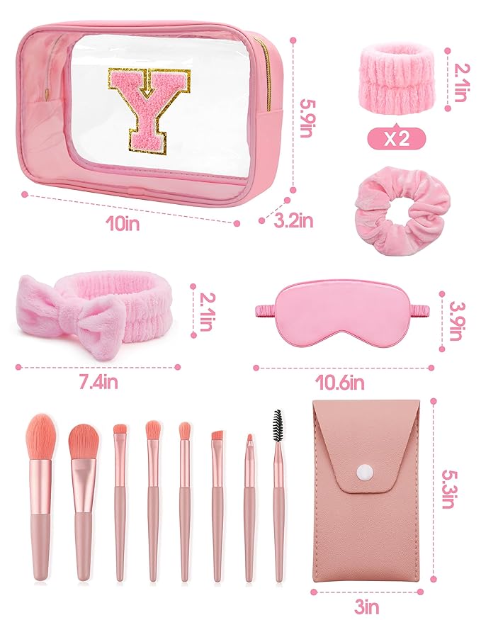Gift Sets for Women, Initial Makeup Bag with Makeup Brush Set Bachelorette Party Favors, Pink Spa Kit with Skincare Headbands Wrist Bands Sleepover Party Supplies Gifts for Teen Girls Bridesmaid Y