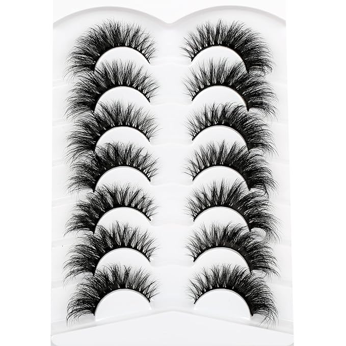 Pooplunch False Eyelashes Volume Cat Eye Lashes Winged Look 8D Dramatic 18MM Wispy Natural Crossed Fake Eyelashes Faux Mink Lashes Strips 7 Pairs Pack