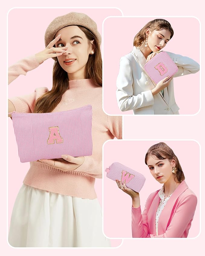 Initial Makeup Bag - Personalized Monogram Cute Makeup Bags,Make Up Case for Women Her Best Friend Friendship Sister Teacher,Birthday Gifts for Women,Girls Makeup Toiletry Bag Pouch,3PCS,Pink R
