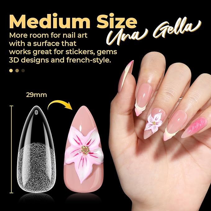 UNA GELLA Medium Stiletto Gel Nail Tips 600Pcs, Medium Stiletto Press on Nails Almond Shape Pre Etched Full Cover Soft Gel Nails Tips for Nail Extensions DIY Art Salon 12 Sizes at Home