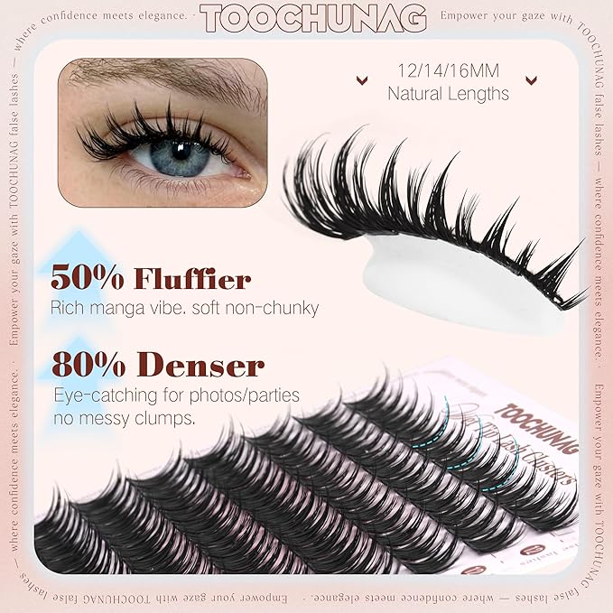 TOOCHUNAG Manga Lash Clusters 12-16MM Natural Eyelash Clusters D Curly Anime Individual Lashes Volume Cluster Eyelash Extensions Wispy False Lashes Clusters for Everyday Use