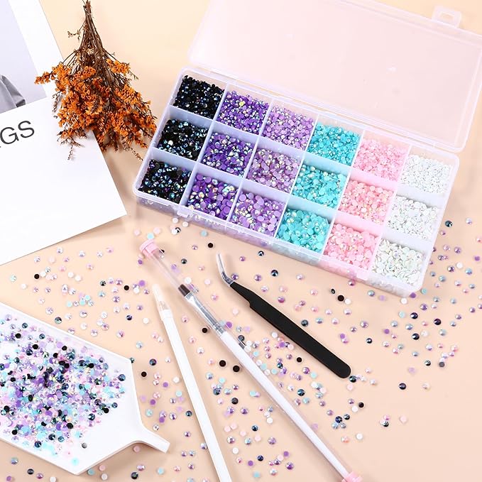 22380 pcs Resin AB Crystals Gemstones, 6 Colors Round Gems for Crafts Makeup Face Clothes Shoes Tumbler DIY Decoration 3/4/5mm (White Blue Purple Rhinestones)