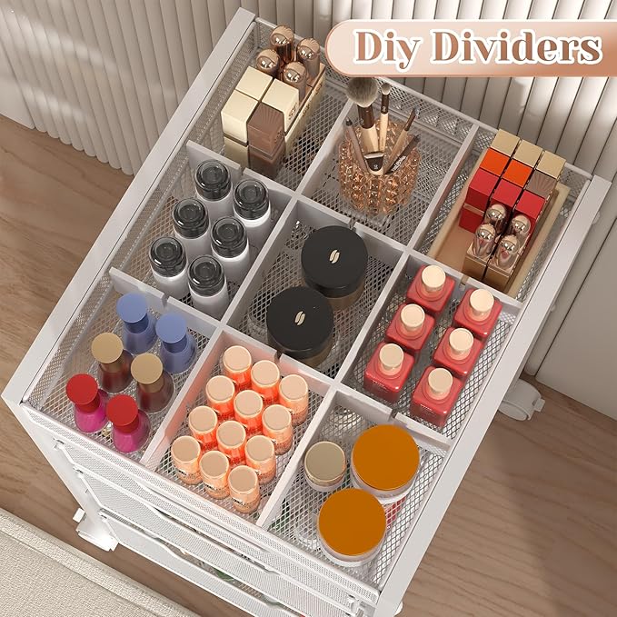 JKsmart Rolling Makeup Cart Organizer with 3 Drawers, Cosmetics Display with Dividers, Floor Skincare Storage with Wheels, Versatile Vanity Organizer for Nail Polish Perfume Brush Hair Tool, White