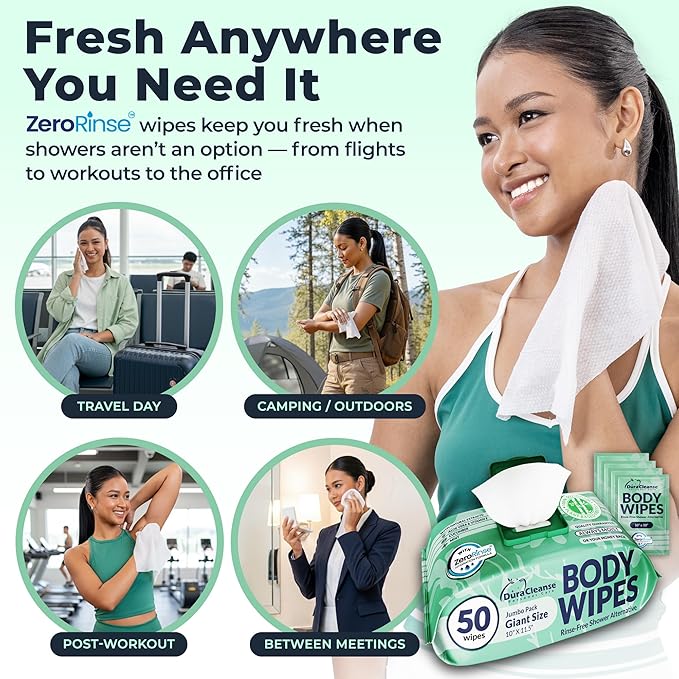 Body Wipes for Women – Sensitive Skin (Gentle Clean) – 4 Pack (200 XL Wipes + 16 Travel Wipes), Extra Moist No Rinse Bathing Wipes, Rinse-Free Shower Alternative for Travel, Gym & Daily Hygiene