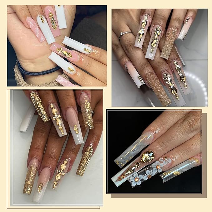 Canvalite 2900Pcs Champagne Rhinestones for Nails, 18 Styles Multi Shape Nail Charms and Gems Shiny Glass Crystal Flatback Nail Rhinestones Set for Nail Art with Rhinestone Picker and Tweezers