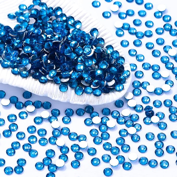 Meibite Capri Blue Flatback Rhinestones, Glass Rhinestones for Nail Art and Craft, Glue Fix, Loose Crystal Gemstones(Capri Blue, SS6, 1440pcs, 1.9-2.0mm)