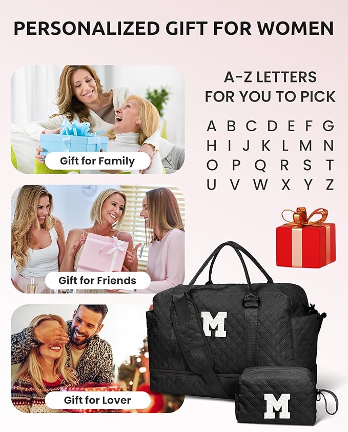 Girls Personalized Initial Monogram Letter Travel Weekender Duffle Overnight Bag with Makeup & Shoe Compartment for Her