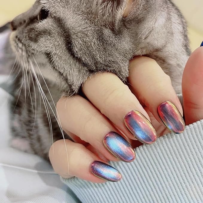 Cat Eye Press on Nails Handmade Short Oval/Square/Round False Nails with French Tip/Aurora/Magnetic Shimmer Designs (Aurora#Night S)