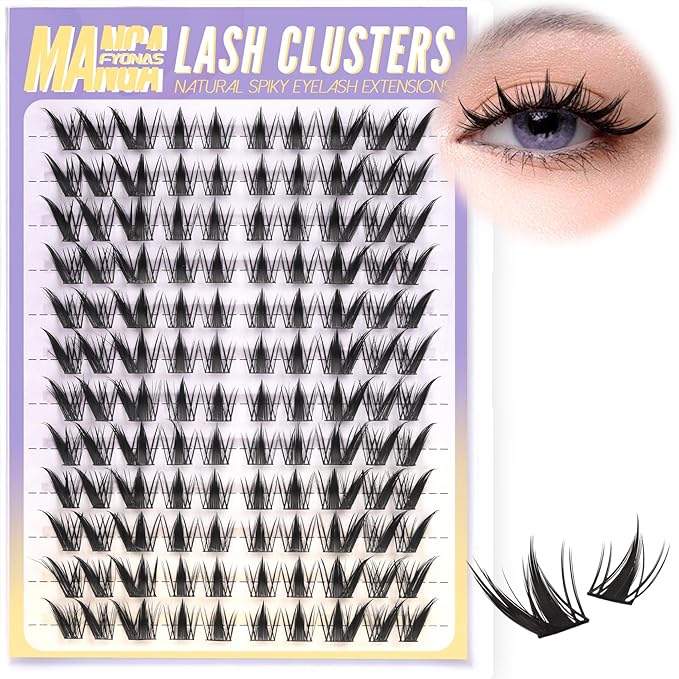 Fyonas Manga Lash Clusters Fox Eye Cluster Lashes Left & Right Fairy Eyelash Clusters Natural Look Spiky Anime Cluster Eyelash Extensions with Thin Band 120Pcs Cat Eye Lashes for Beginners (Manga)