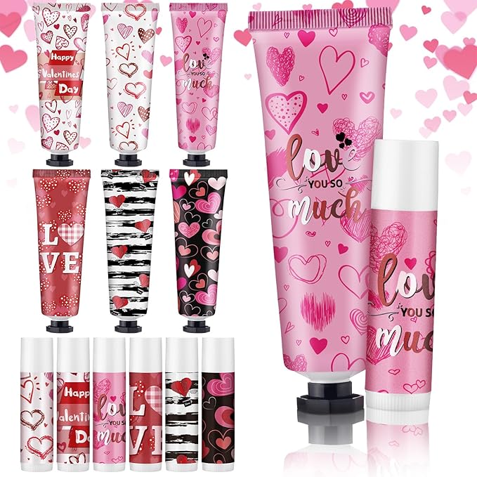 Loopeer 6 Sets Valentine's Day Hand Cream Lip Balm Bulk Gifts Galentine's Day Gift Valentine Party Favor Love Heart Mini Travel Size Moisturizing Hand Lotion for Women Coworker Teacher Nurse, 30 ml