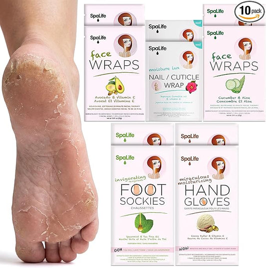 SpaLife 10 Piece Korean Face Mask & Moisturizing Hand Gloves Set | Foot Mask Socks for Dry Cracked Hands & Feet | Korean Skincare Cuticle Repair Mask Women | Self Care Gifts for Women | 10 Pack