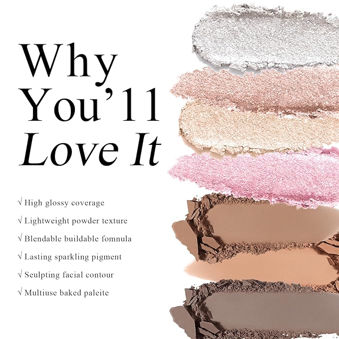 Highlighter Makeup Palette, High Glossy Face Illuminator Palette, Pearl Shimmer Smooth Baked Powder with Natural Glow Finish, Facial Glitter Lasting Sparkling Luminizers Highlighter-SUN GLOW