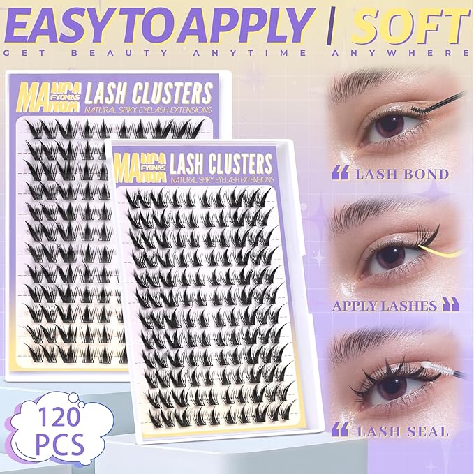 Fyonas Manga Lash Clusters Fox Eye Cluster Lashes Left & Right Fairy Eyelash Clusters Natural Look Spiky Anime Cluster Eyelash Extensions with Thin Band 120Pcs Cat Eye Lashes for Beginners (Manga)