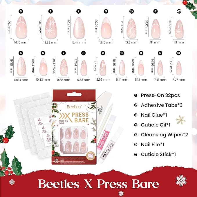 Beetles Christmas Press On Nails - Christmas Snow | Short Almond Press On Nails | 32Pcs 16 Sizes Natural Salon Quality Nail Tips With Quick-drying Nail Glue For Women