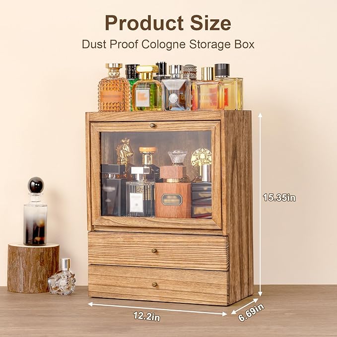 Emfogo Cologne Organizer, 4 Tier Vertical Wood Perfume Stand for Men, Large Capacity Dustproof Perfumes Organizer Cologne Stand with Double Drawer Storage, Gift for Loved ones (Brown)