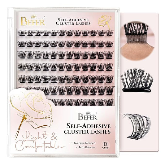 BEFER Self Adhesive Eyelashes Clusters, D Curl 10-16MM Pre Glued Lash Natural Look No Glue No Remover Needed Reusable Lashes Press on Eyelash Clusters Easy for Use DIY at Home(24-1,Air)