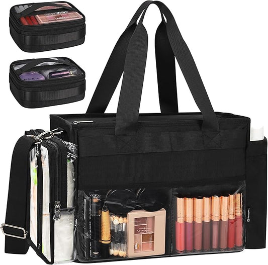 TANTO Travel Makeup Bag, Professional Makeup Artist Bag Tote Bags with 2*bag Extra Large Hair Stylist Travelling Duffle Bag Cosmetic Organizer with Dividers, Gifts for Makeup Beauty Lover (Black
