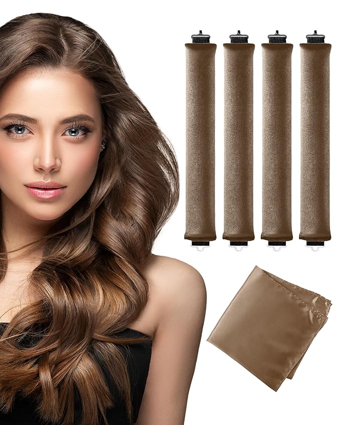 Heatless Curls Overnight Hair Curler - 4 Pcs Curling Rod to Sleep In, Velvet Hair Rollers with Satin Hair Scarf