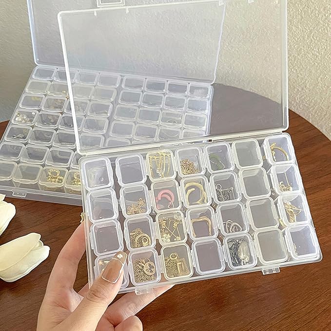 SJZQ 2 Pack 28 Grid Plastic Diamond Painting Organizer, Small Bead Storage Containers with Removable Compartments for Jewelry, Ear Studs, Pigment Sand, Diamond Art & Small Items