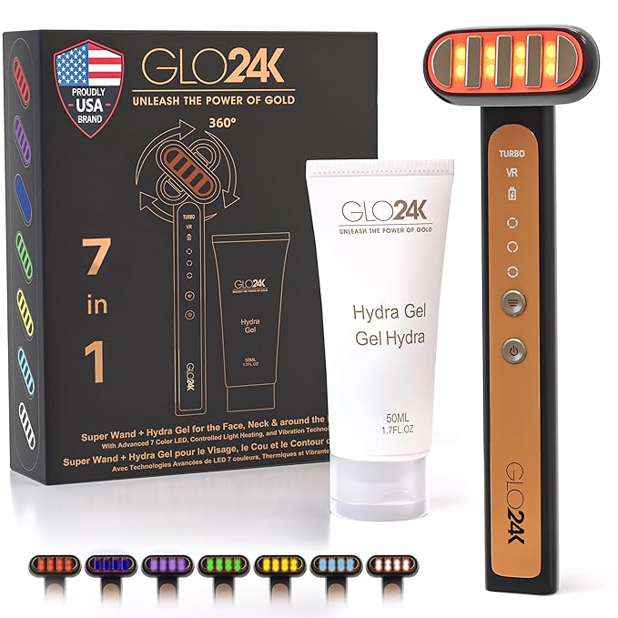GLO24K 7 Color LED Super Wand Plus Hydra Gel for Radiant, Glowing Skin on The Face, Neck, and Around The Eyes